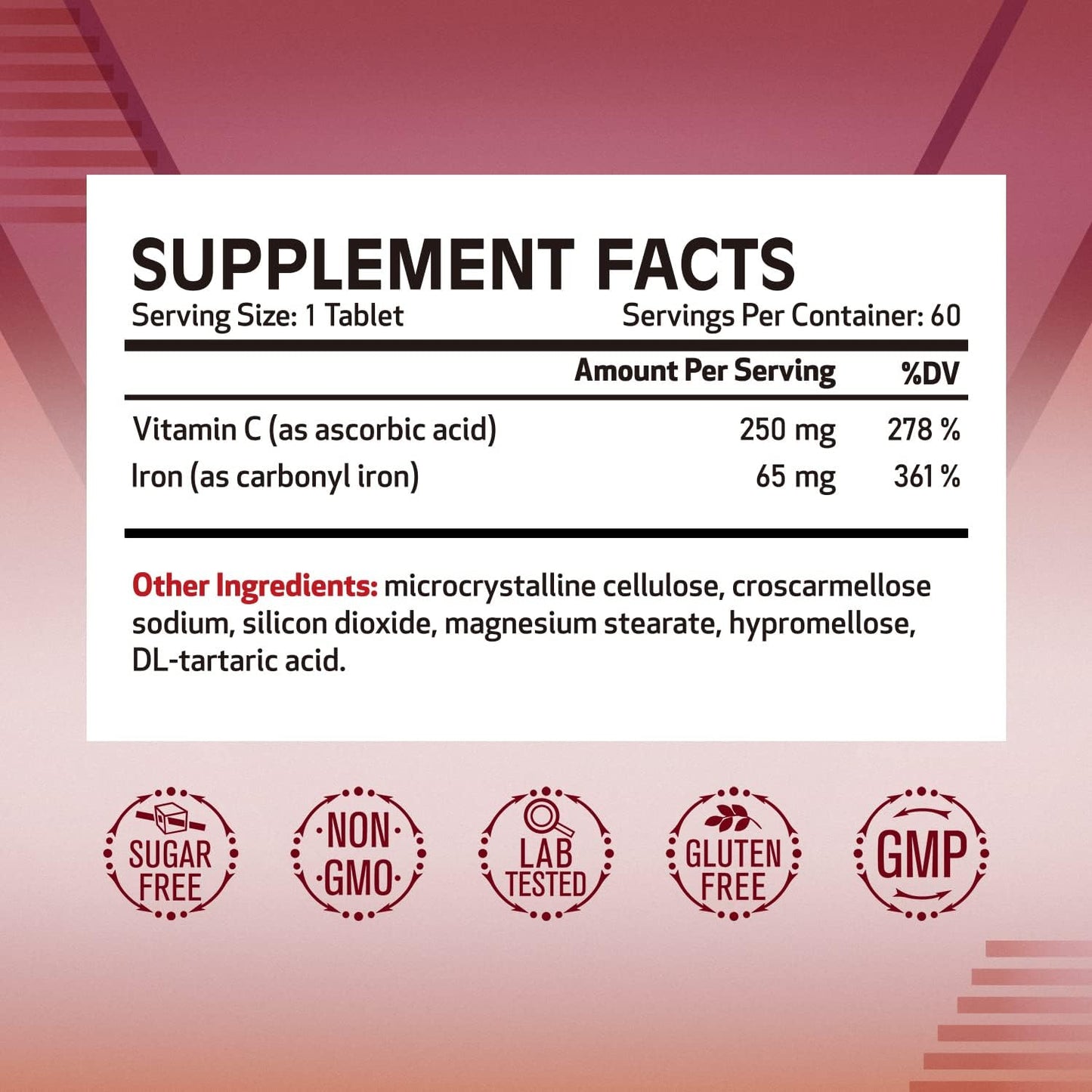65mg Carbonyl Iron with Vitamin C for Energy Support & Red Blood Cell Formation - Vegan, Non-GMO Gentle Iron Supplement, 60 Tabs