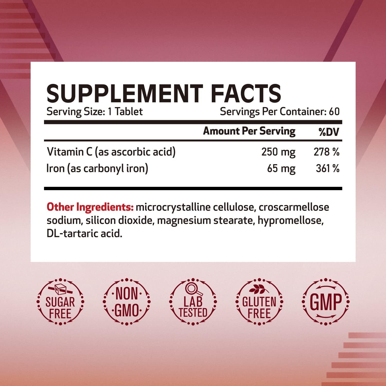 65mg Carbonyl Iron with Vitamin C for Energy Support & Red Blood Cell Formation - Vegan, Non-GMO Gentle Iron Supplement, 60 Tabs