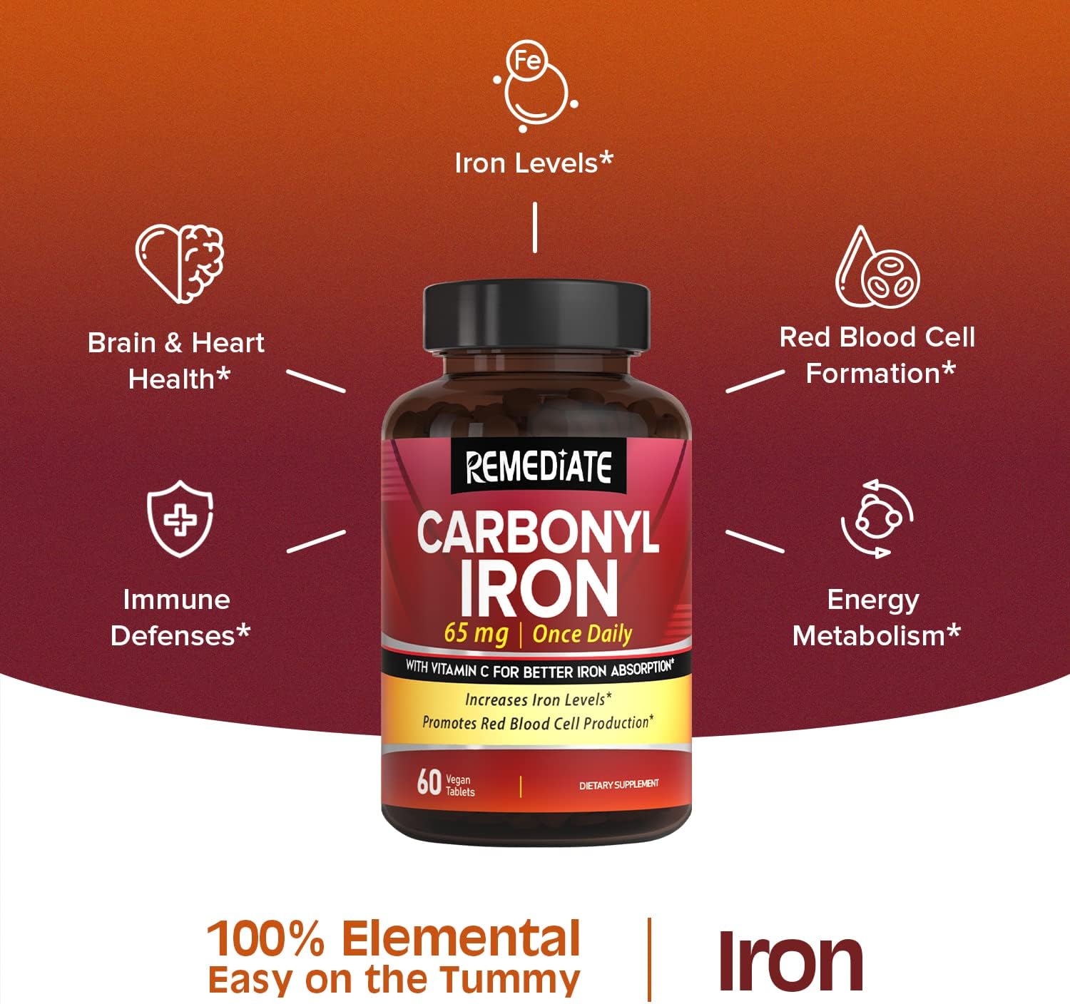 65mg Carbonyl Iron with Vitamin C for Energy Support & Red Blood Cell Formation - Vegan, Non-GMO Gentle Iron Supplement, 60 Tabs
