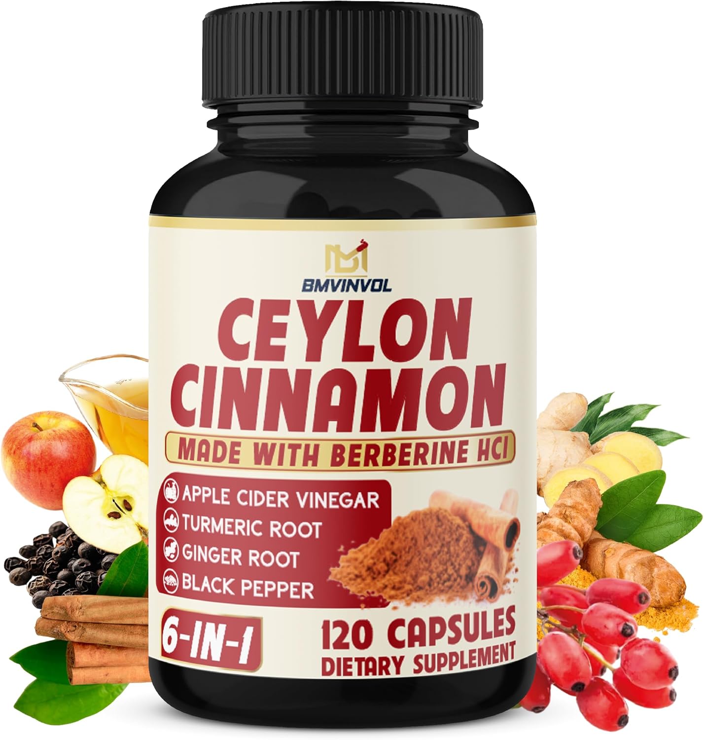 6in1 Ceylon Cinnamon Capsules with Berberine HCl, Turmeric, Ginseng, Black Pepper, Apple Cider Vinegar - 120 Count for Immune Support