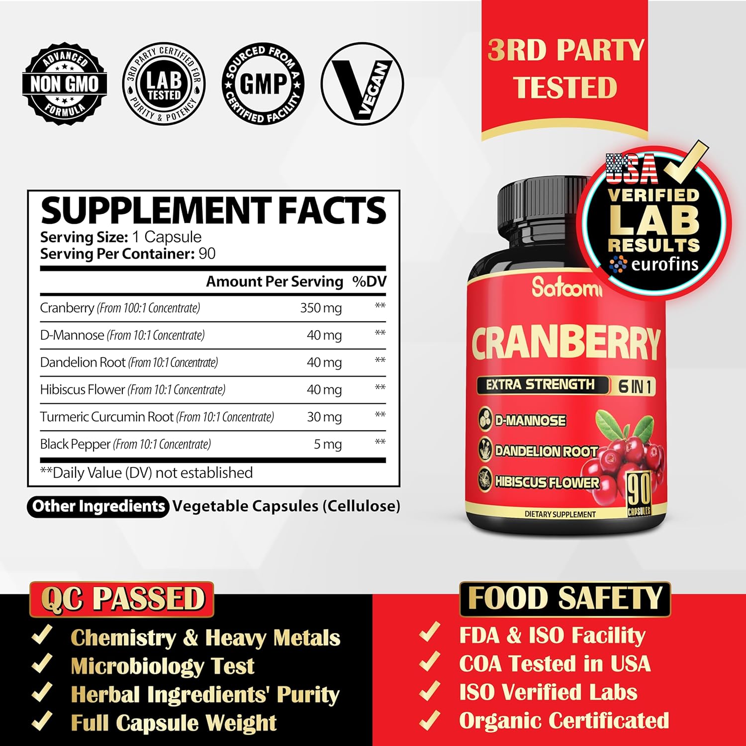 6in1 Cranberry Pills for Women - 90 Veggie Capsules - 3 Month Supply - Blend of 6 Herbal Extracts