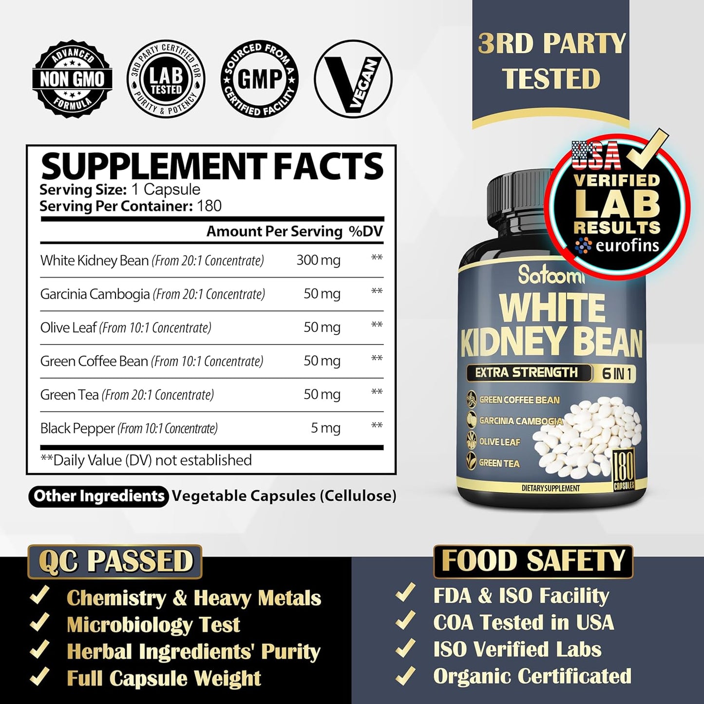 6in1 White Kidney Bean Extract Capsules - 6 Month Supply - Enhanced with Olive Leaf, Green Coffee Bean, Green Tea - 180 Count