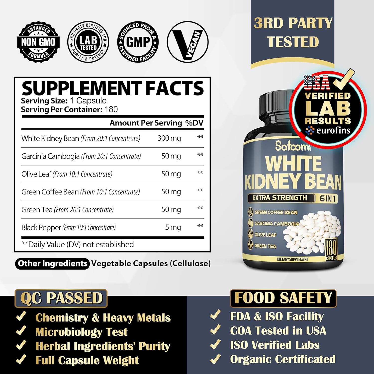 6in1 White Kidney Bean Extract Capsules - 6 Month Supply - Enhanced with Olive Leaf, Green Coffee Bean, Green Tea - 180 Count