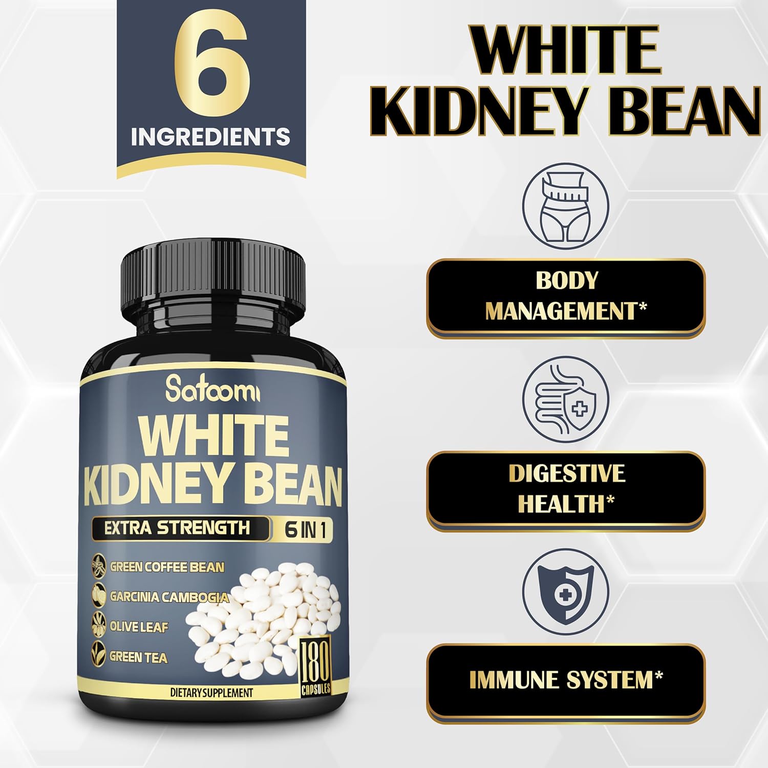 6in1 White Kidney Bean Extract Capsules - 6 Month Supply - Enhanced with Olive Leaf, Green Coffee Bean, Green Tea - 180 Count