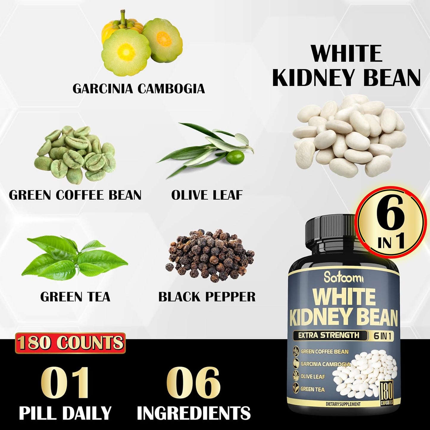 6in1 White Kidney Bean Extract Capsules - 6 Month Supply - Enhanced with Olive Leaf, Green Coffee Bean, Green Tea - 180 Count