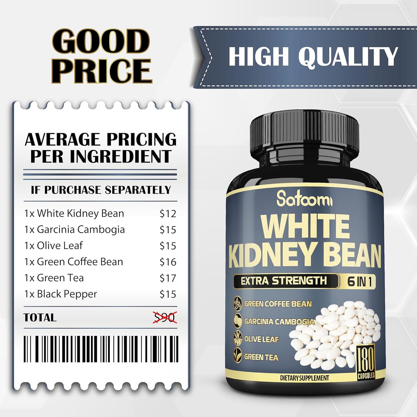 6in1 White Kidney Bean Extract Capsules - 6 Month Supply - Enhanced with Olive Leaf, Green Coffee Bean, Green Tea - 180 Count