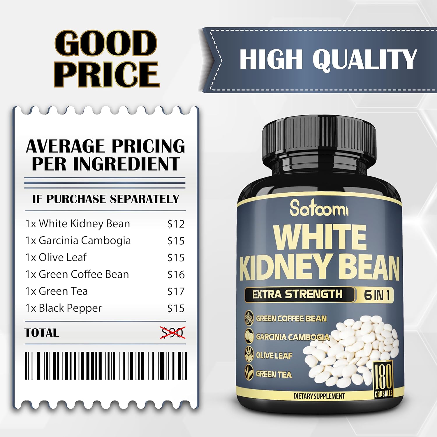 6in1 White Kidney Bean Extract Capsules - 6 Month Supply - Enhanced with Olive Leaf, Green Coffee Bean, Green Tea - 180 Count