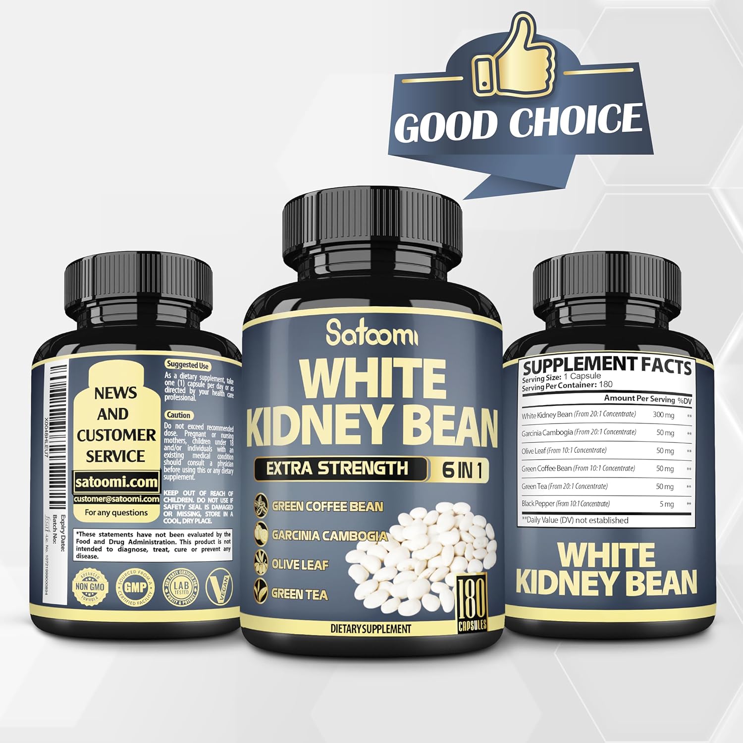 6in1 White Kidney Bean Extract Capsules - 6 Month Supply - Enhanced with Olive Leaf, Green Coffee Bean, Green Tea - 180 Count
