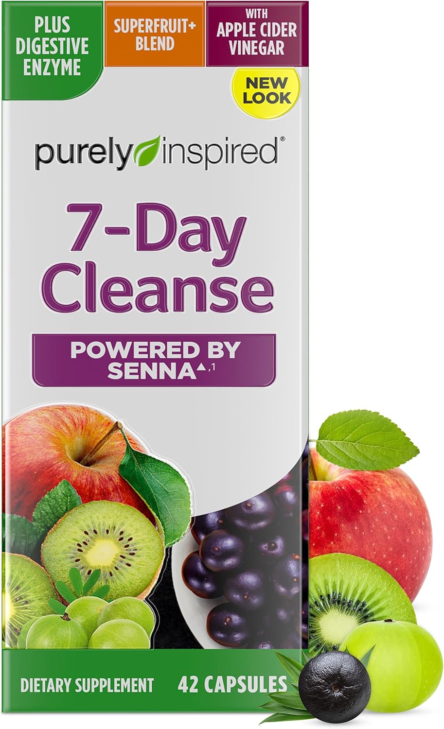 7-Day Detox Cleanse Pills for Men & Women - Whole Body Cleanse with Senna Leaf, Vitamin C, Apple Cider Vinegar - 42 Acai Berry Capsules