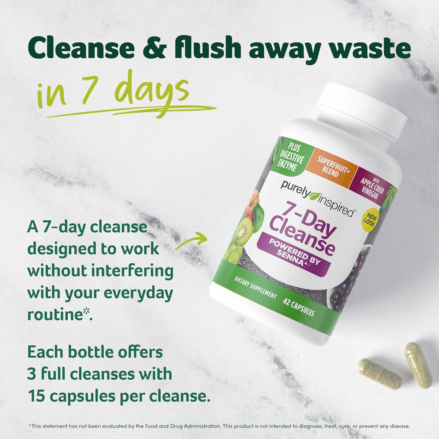 7-Day Detox Cleanse Pills for Men & Women - Whole Body Cleanse with Senna Leaf, Vitamin C, Apple Cider Vinegar - 42 Acai Berry Capsules
