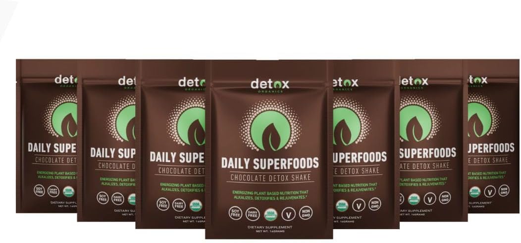7 Day Detox Packets: Detox Organics Chocolate Superfood Powder for Body Cleanse, Bloating Relief, Immune Support & Energy Boost - Vegan Greens Blend Smoothie Mix