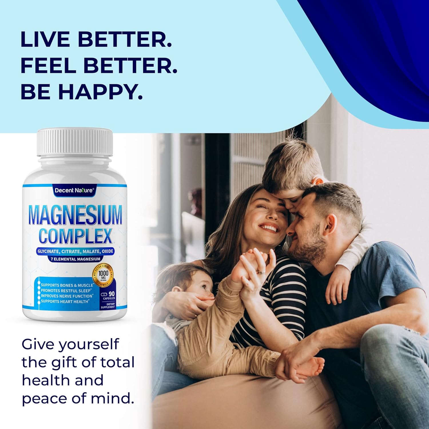 7 Elemental Magnesium Supplement 1000mg - Magnesium Complex with Glycinate, Citrate, Malate, Taurate, Oxide, Aspartate, Orotate - Non-GMO 90 Capsules by DECENT NATURE