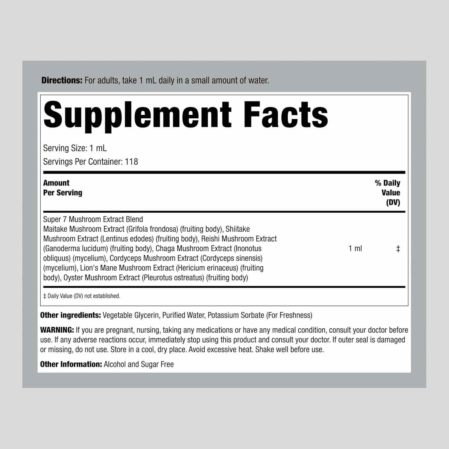 7-in-1 Mushroom Complex Liquid Drops - 4 Fl Oz - Vegetarian Tincture with Maitake, Shiitake, Reishi, Chaga, Cordyceps, Lion's Mane & Oyster Mushrooms - Non-GMO, Gluten Free