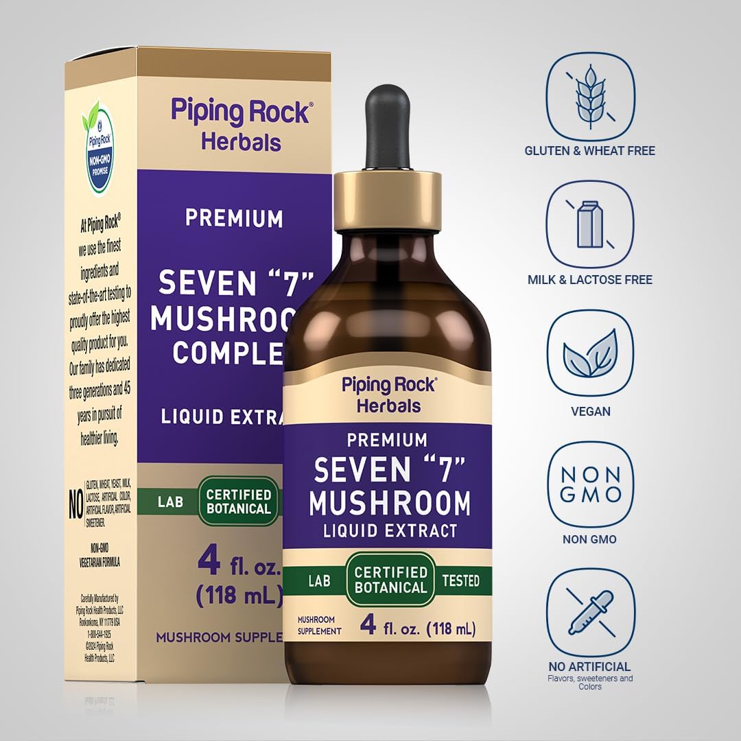 7-in-1 Mushroom Complex Liquid Drops - 4 Fl Oz - Vegetarian Tincture with Maitake, Shiitake, Reishi, Chaga, Cordyceps, Lion's Mane & Oyster Mushrooms - Non-GMO, Gluten Free