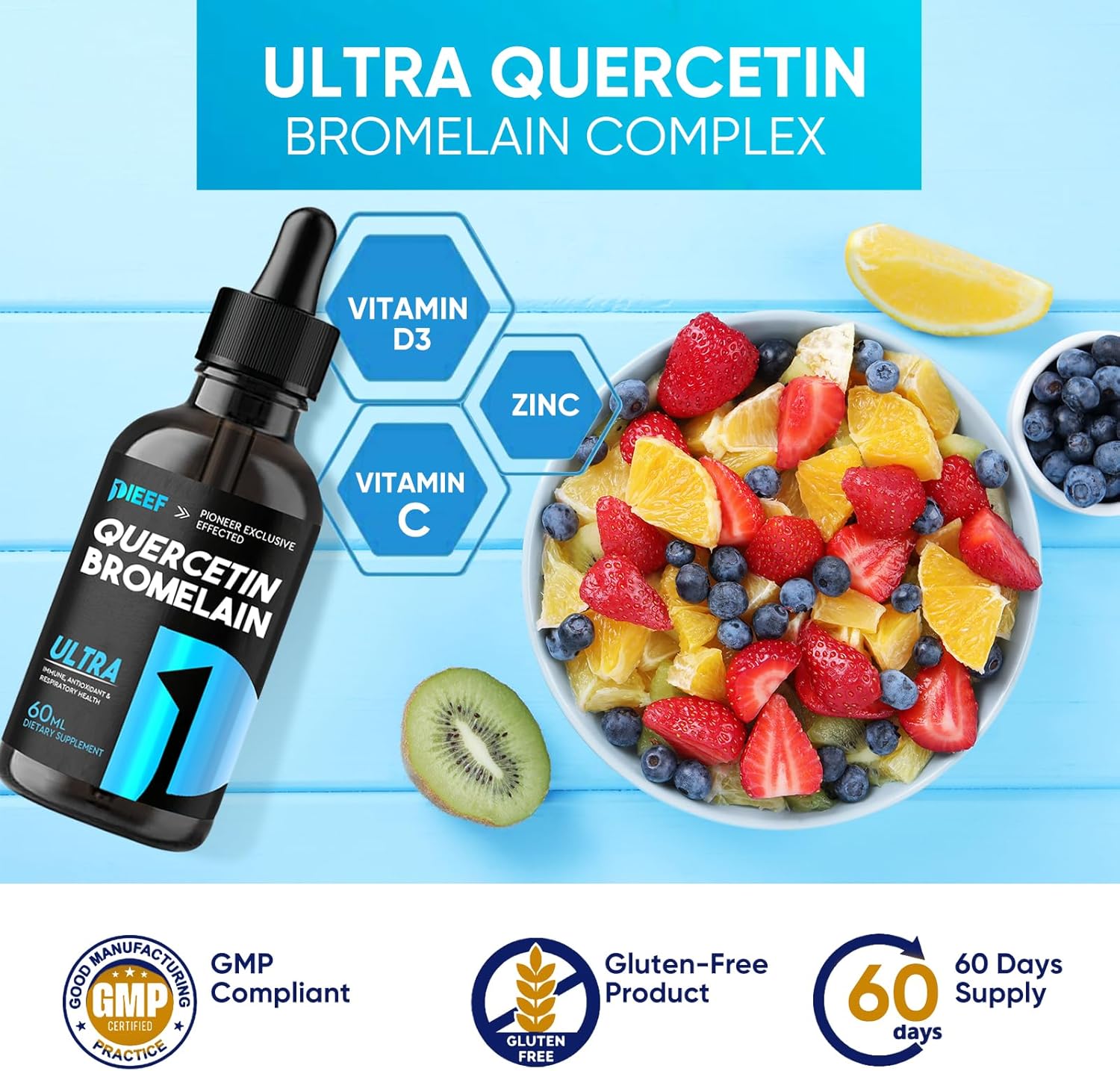 7-in-1 Quercetin Liquid Drops with Bromelain & Zinc, 1000mg Quercetin Supplements for Respiratory & Immune Support