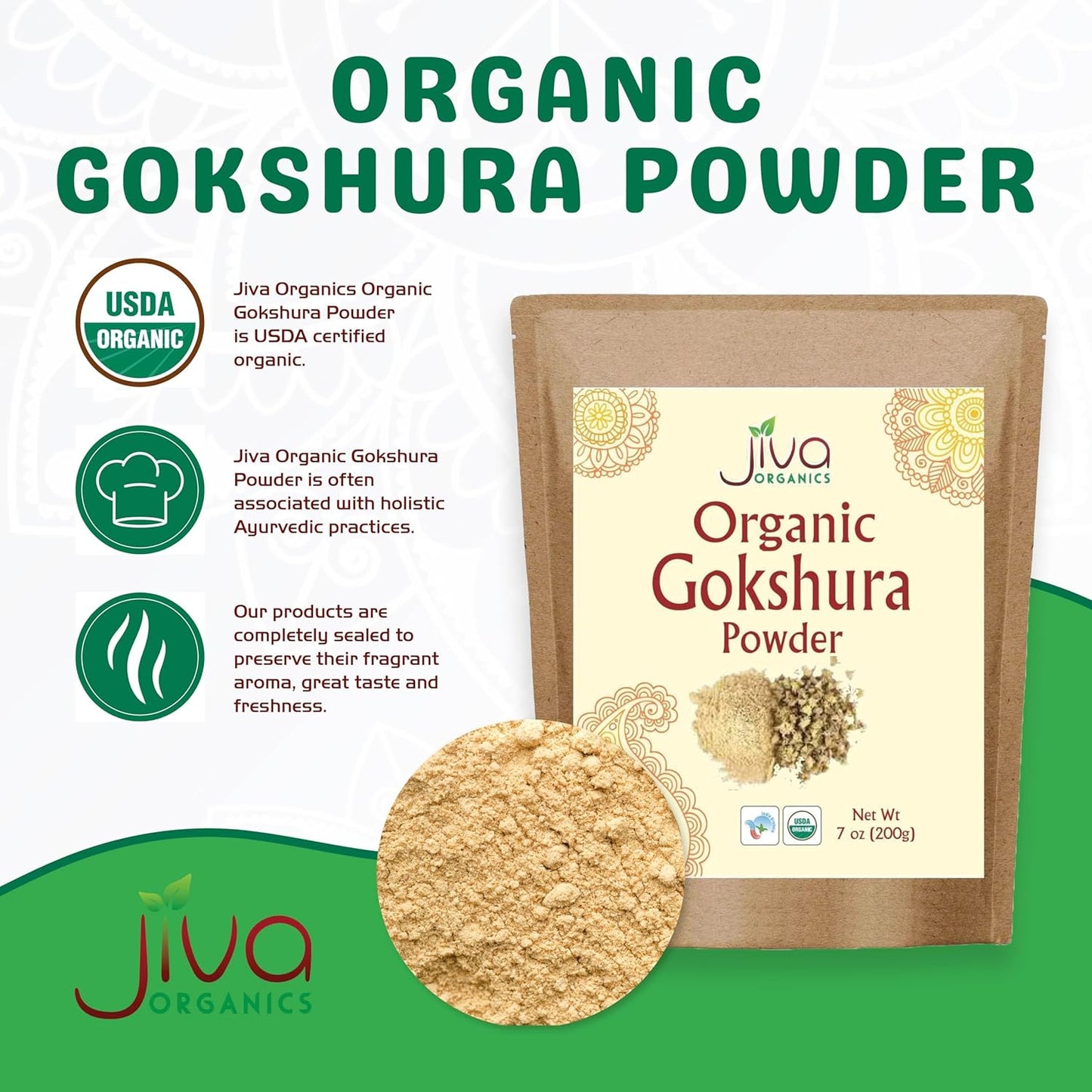 7 oz Jiva Organics Gokshura Powder - Non-GMO Full Spectrum Tribulus from India
