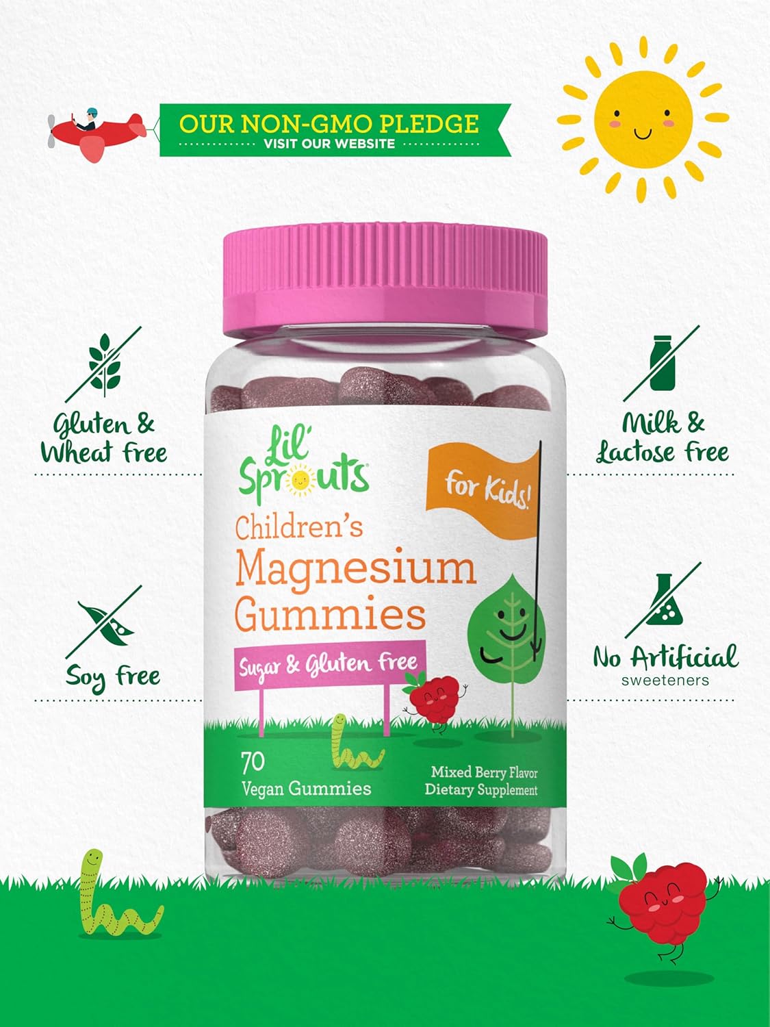 70 Count Lil' Sprouts Children's Magnesium Gummies - Mixed Berry Flavor, Sugar Free, Vegan, Non-GMO & Gluten Free
