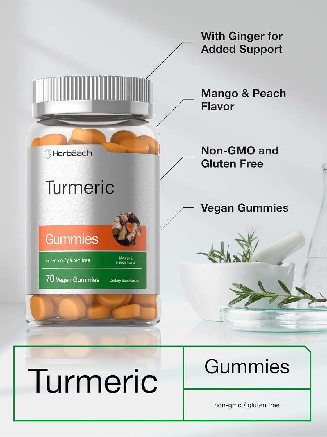 70 Count Vegan Turmeric Gummies with Mango & Peach Flavor - Gluten Free & Non-GMO Turmeric Curcumin Supplement with Ginger