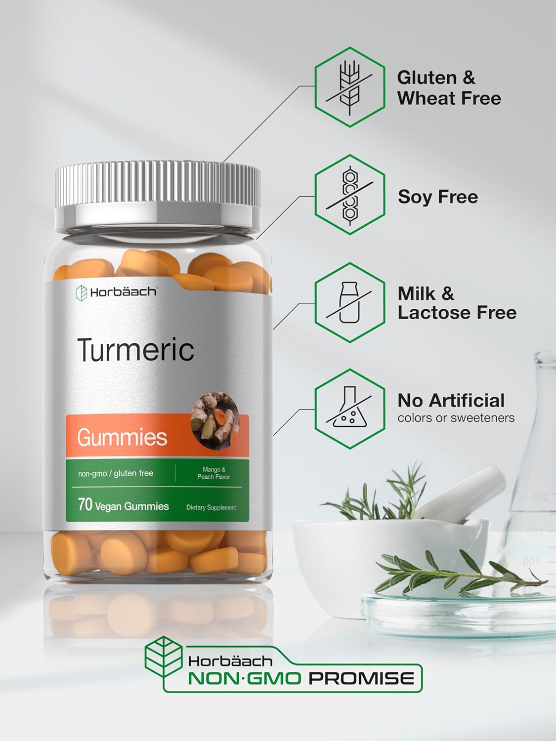 70 Count Vegan Turmeric Gummies with Mango & Peach Flavor - Gluten Free & Non-GMO Turmeric Curcumin Supplement with Ginger