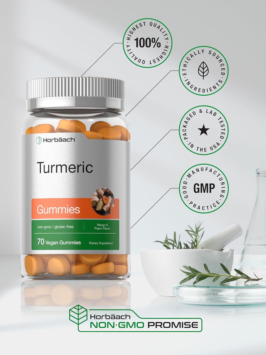 70 Count Vegan Turmeric Gummies with Mango & Peach Flavor - Gluten Free & Non-GMO Turmeric Curcumin Supplement with Ginger