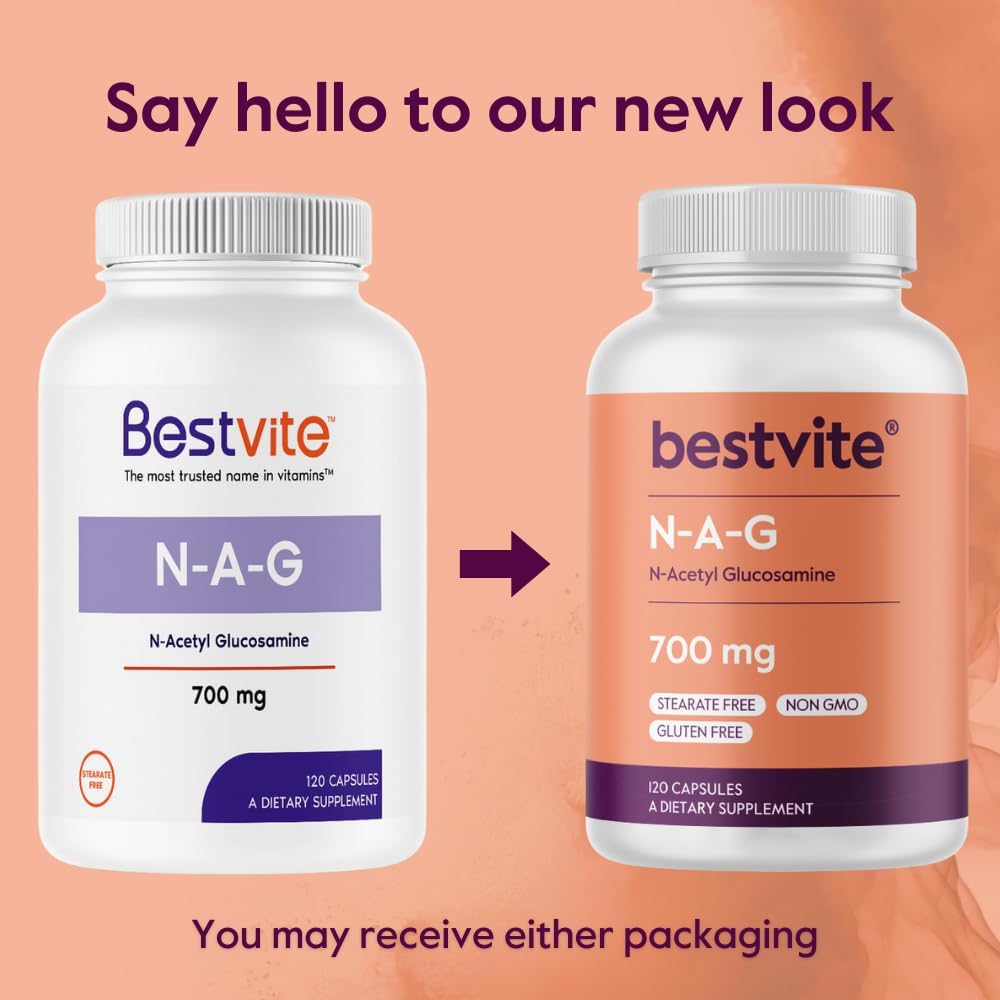 700mg Bestvite N-Acetyl Glucosamine (N-A-G) Capsules - 120 Count - Stearate-Free - Non GMO - Gluten-Free