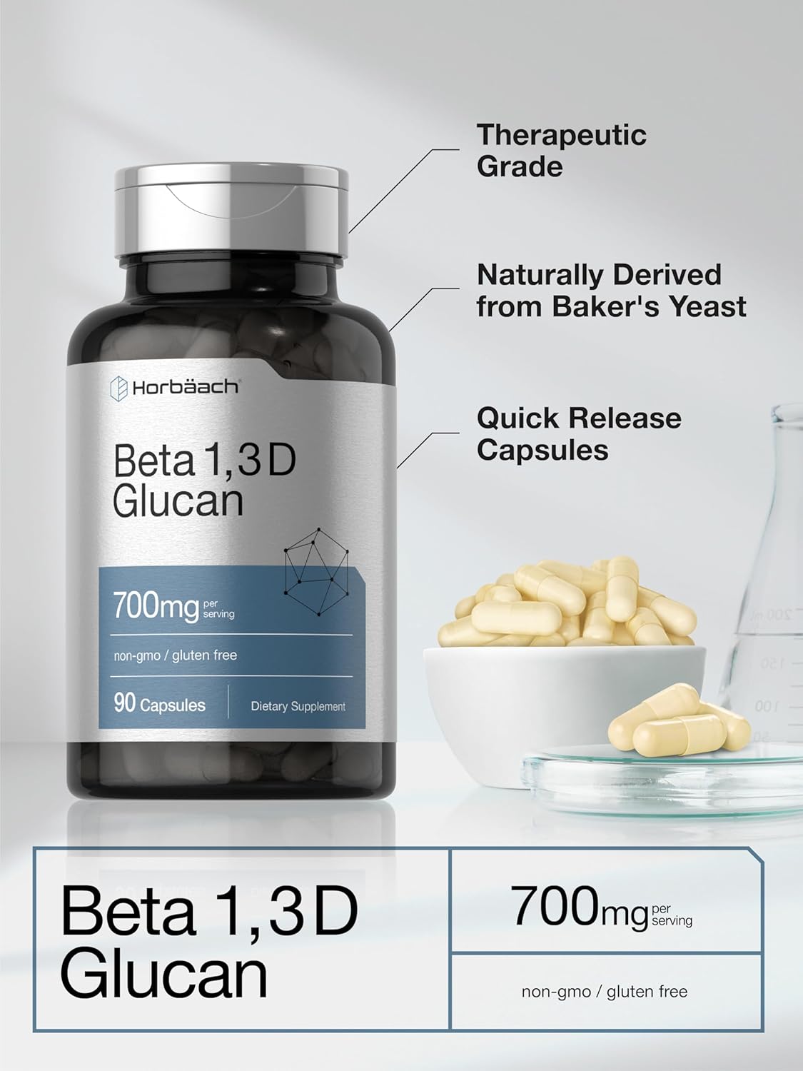 700mg Horbäach Beta Glucan Capsules - 90 Count | Non-GMO, Gluten Free Beta 1,3 & 1,6 D Glucan Supplement