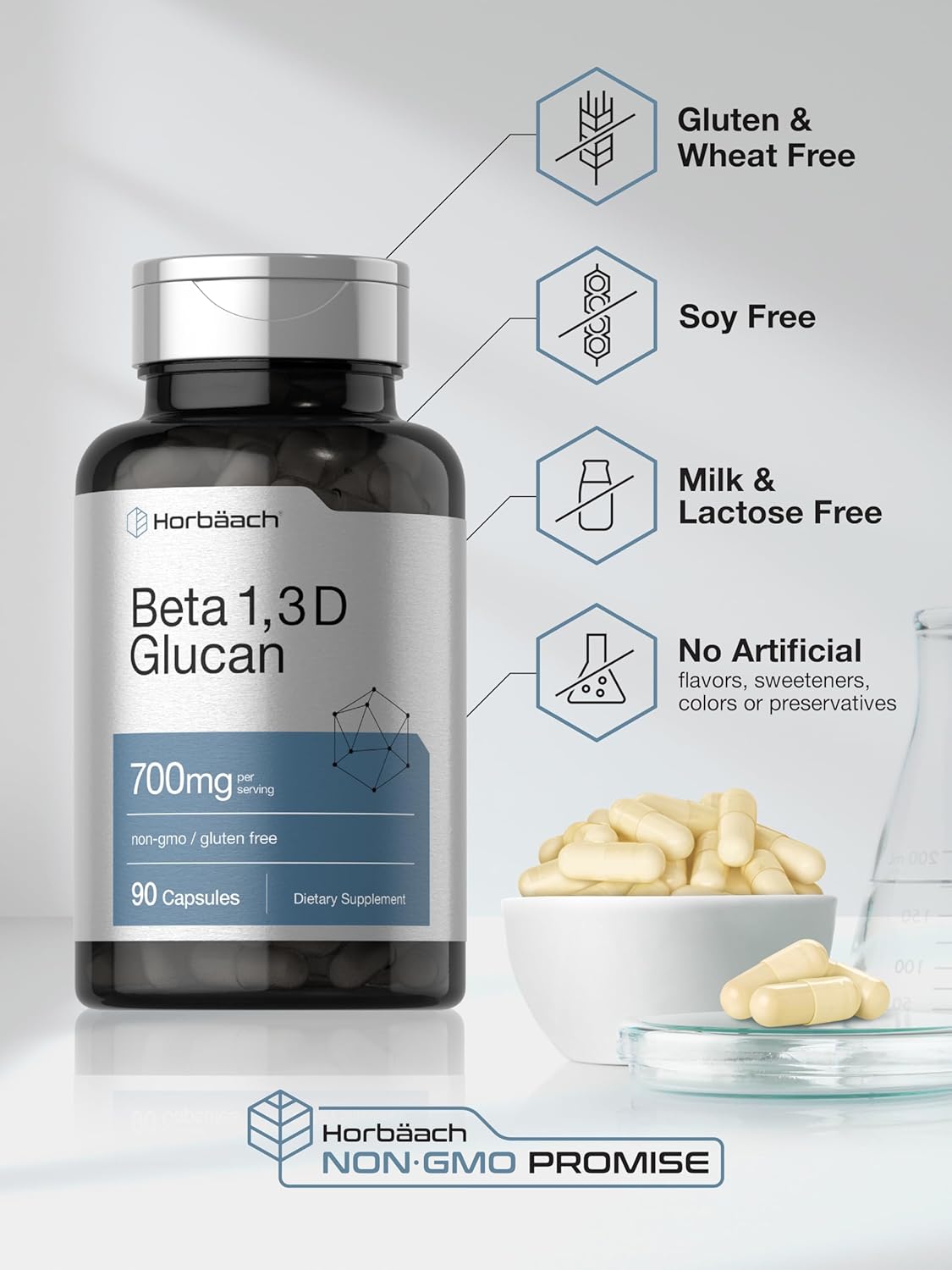 700mg Horbäach Beta Glucan Capsules - 90 Count | Non-GMO, Gluten Free Beta 1,3 & 1,6 D Glucan Supplement