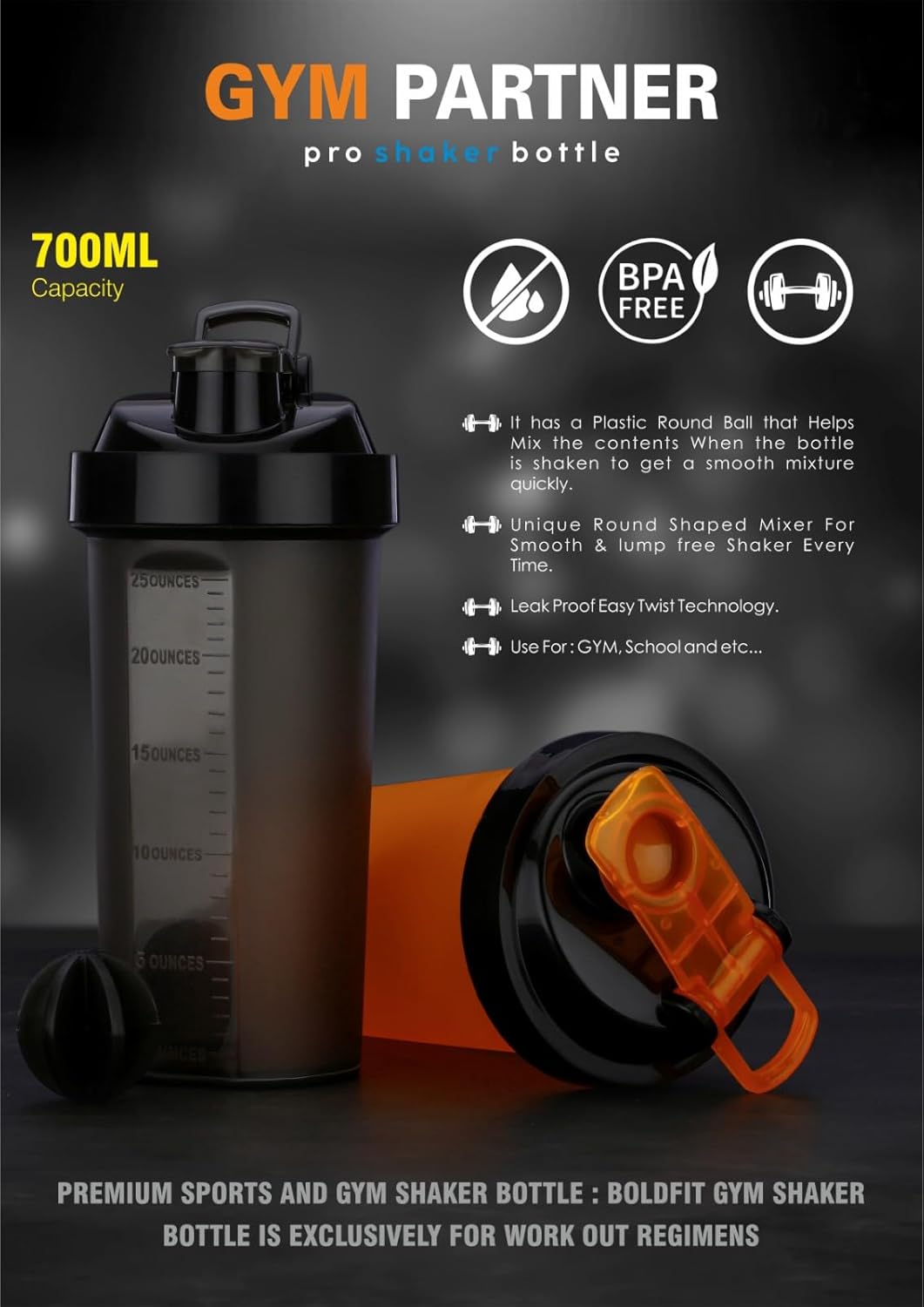 700ml Gym Shaker Bottle - Leak Proof, BPA Free, for Protein Shakes, Smoothies - Charcoal Black