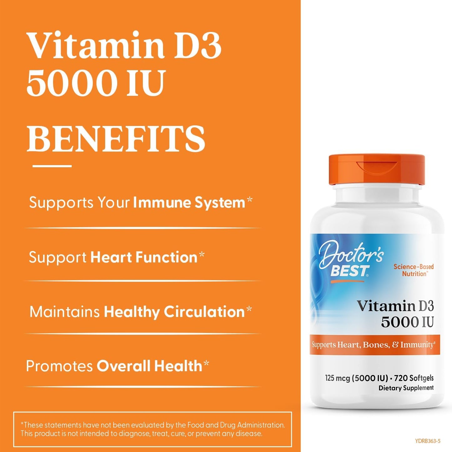 720 Count Doctor's Best Vitamin D3 Capsules - 5000 IU for Bone, Teeth, Heart & Immune Support - Non-GMO, Gluten-Free, Soy-Free