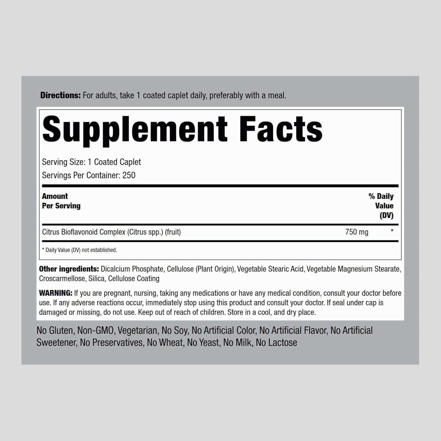 750 mg Citrus Bioflavonoids Complex Supplement - 250 Caplets - Non-GMO & Gluten Free