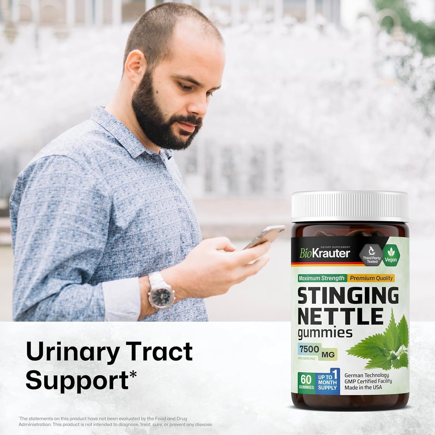 7500mg Stinging Nettle Root Extract Gummies for Urinary Support - Vegan Formula with 10:1 Nettle Root Extract - 60 Chews