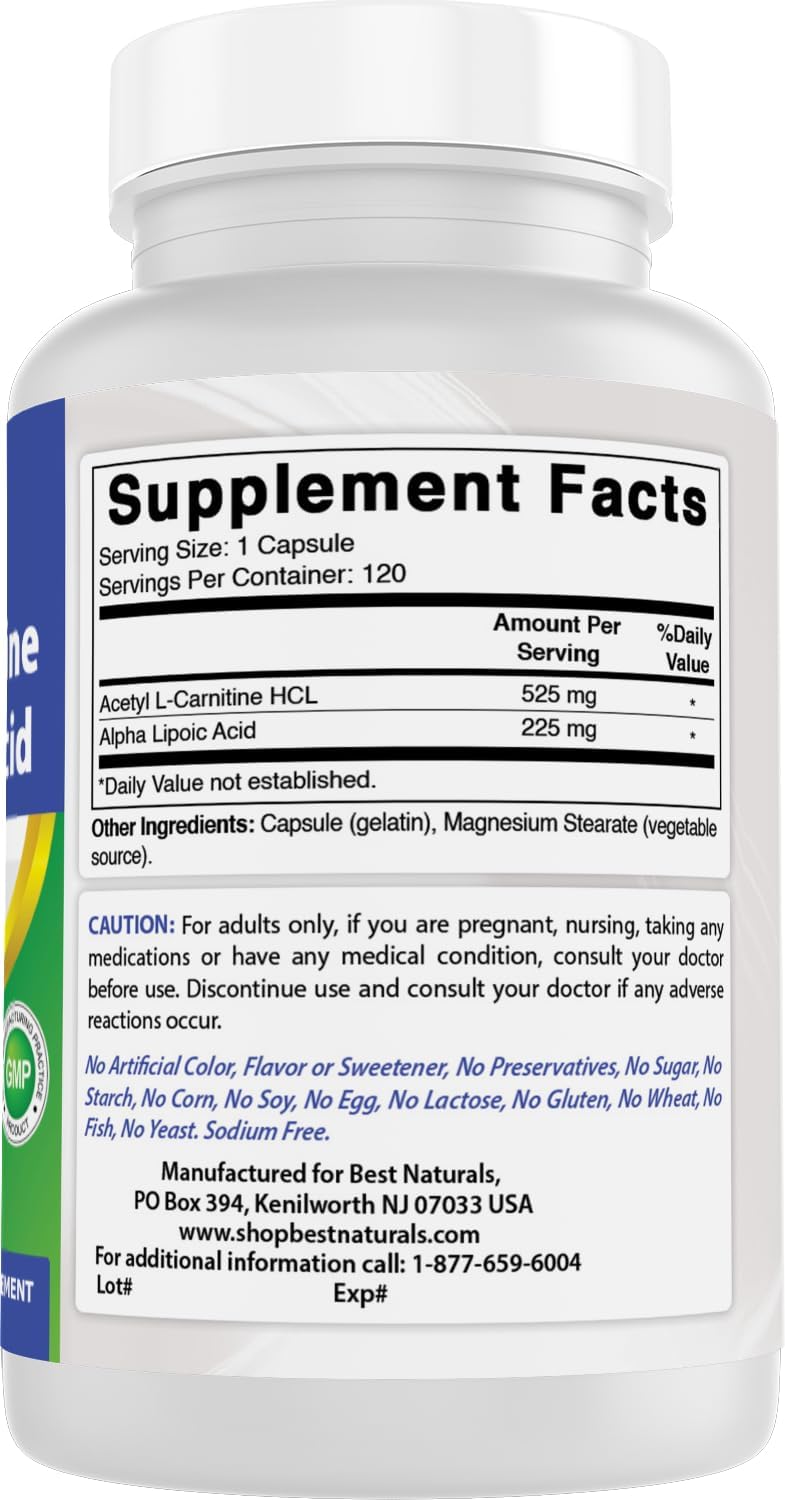 750mg Acetyl L-Carnitine & Alpha Lipoic Acid Capsules - 120 Count by Best Naturals