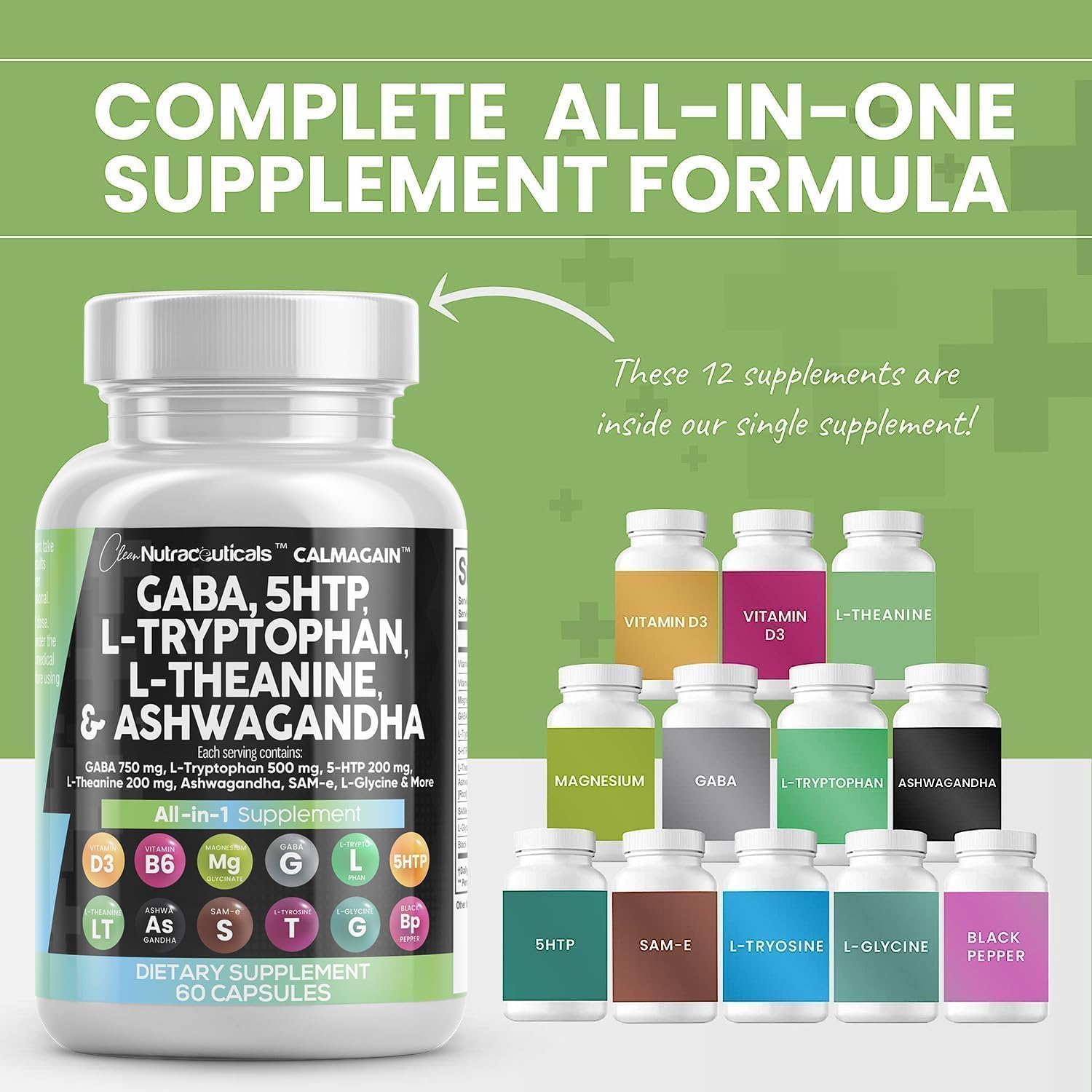 750mg GABA, 200mg 5-HTP, 500mg L-Tryptophan, 200mg L-Theanine, Ashwagandha, SAM-e, L-Glycine - Mood Support Vitamins for Women and Men with L-Tyrosine - 90 Count