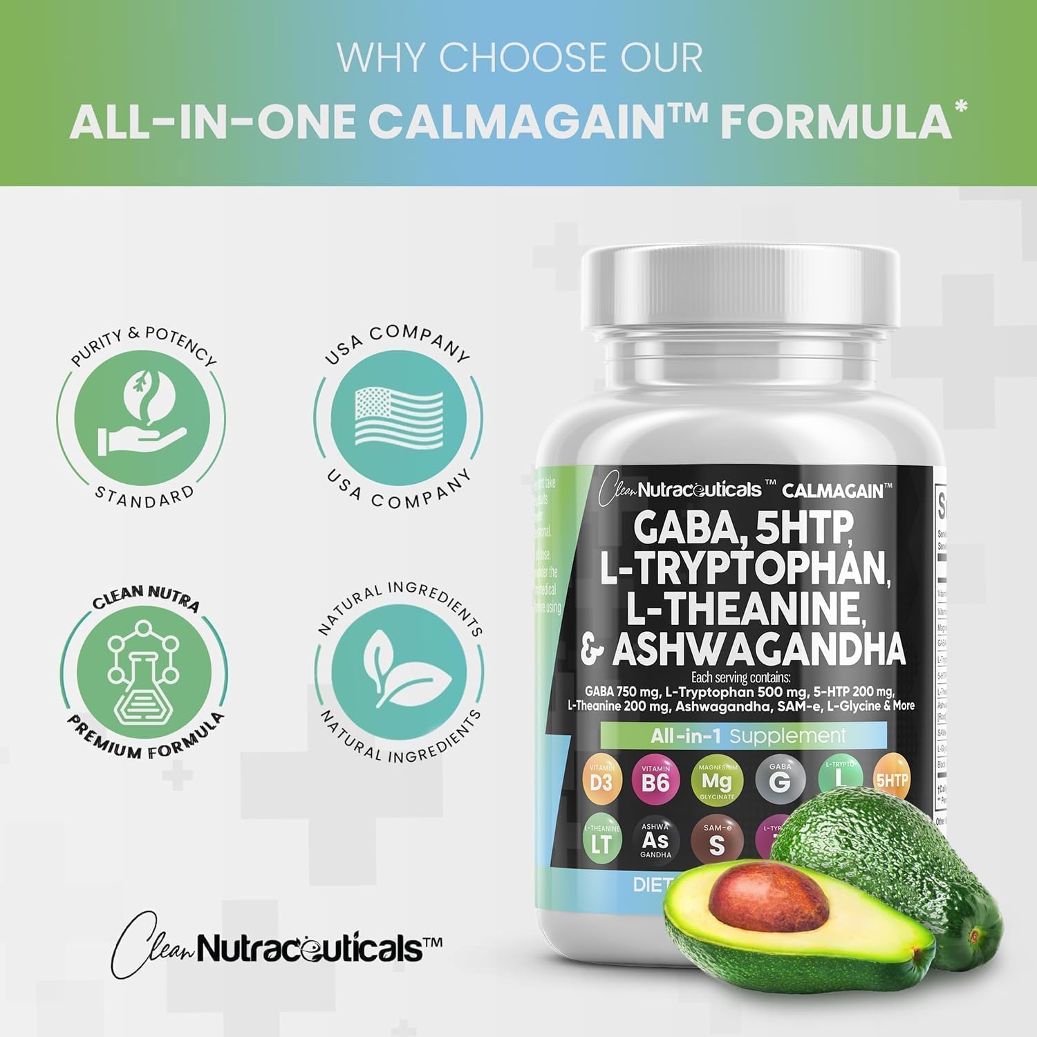 750mg GABA, 200mg 5-HTP, 500mg L-Tryptophan, 200mg L-Theanine, Ashwagandha, SAM-e, L-Glycine - Mood Support Vitamins for Women and Men with L-Tyrosine - 90 Count