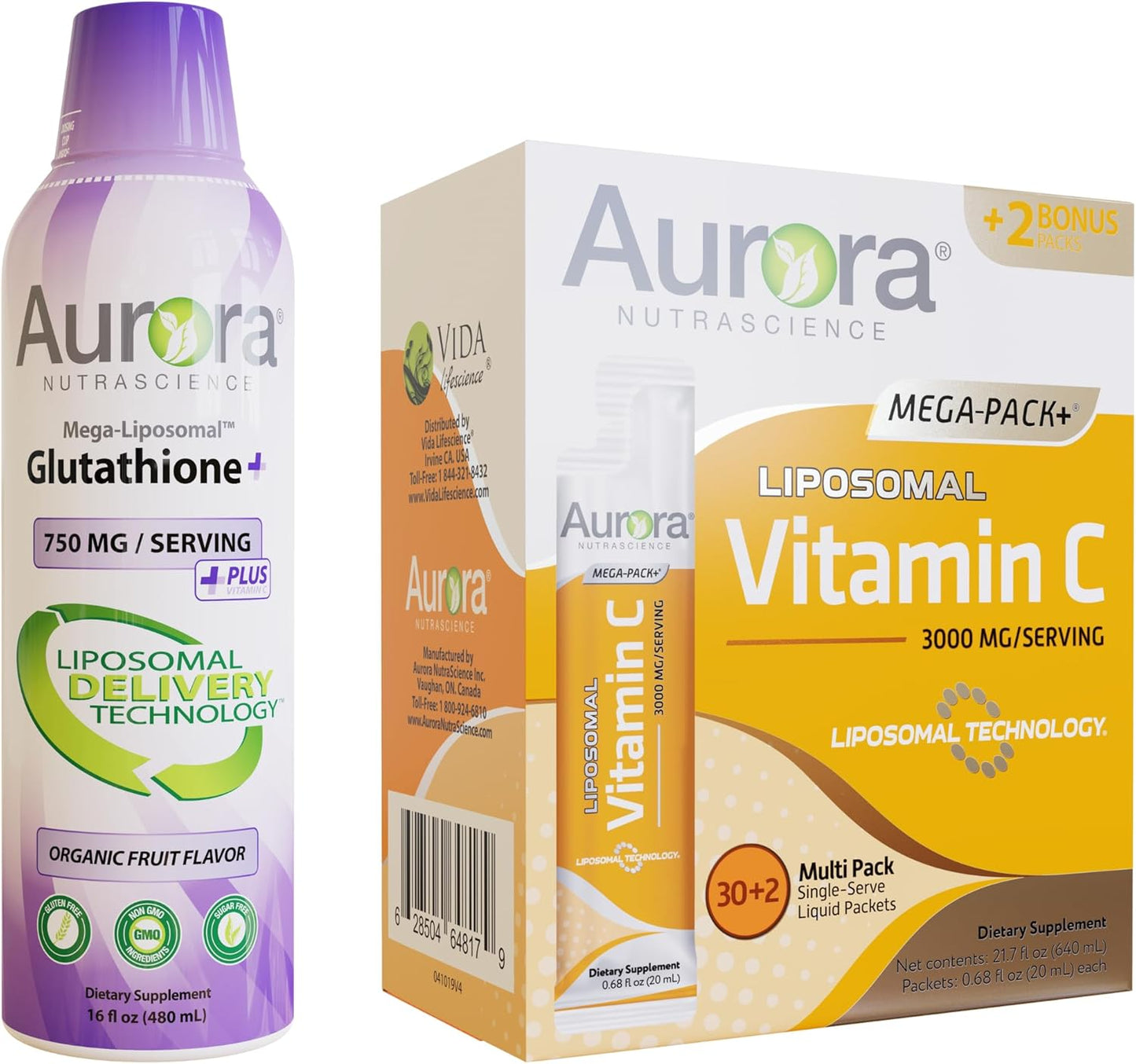 750mg Liposomal Glutathione & 3000mg Vitamin C Immune Support and Antioxidant Bundle by Vida Lifescience Aurora Nutrascience
