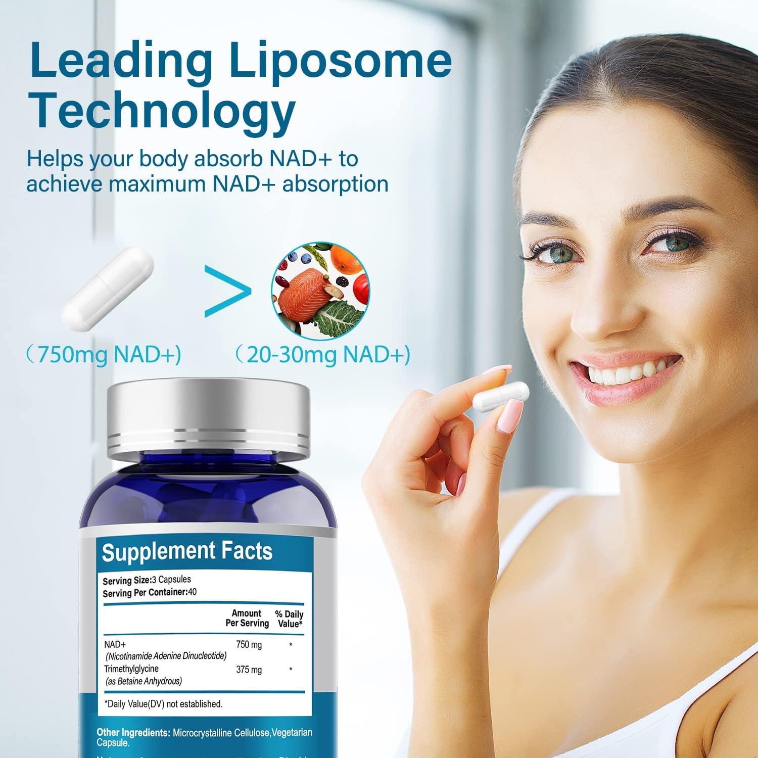 750mg Liposomal NAD+ Supplement - 120 Capsules for Maximum Absorption - Anti-Aging & Antioxidant Support - Energy & Metabolism Boost - NMN Alternative