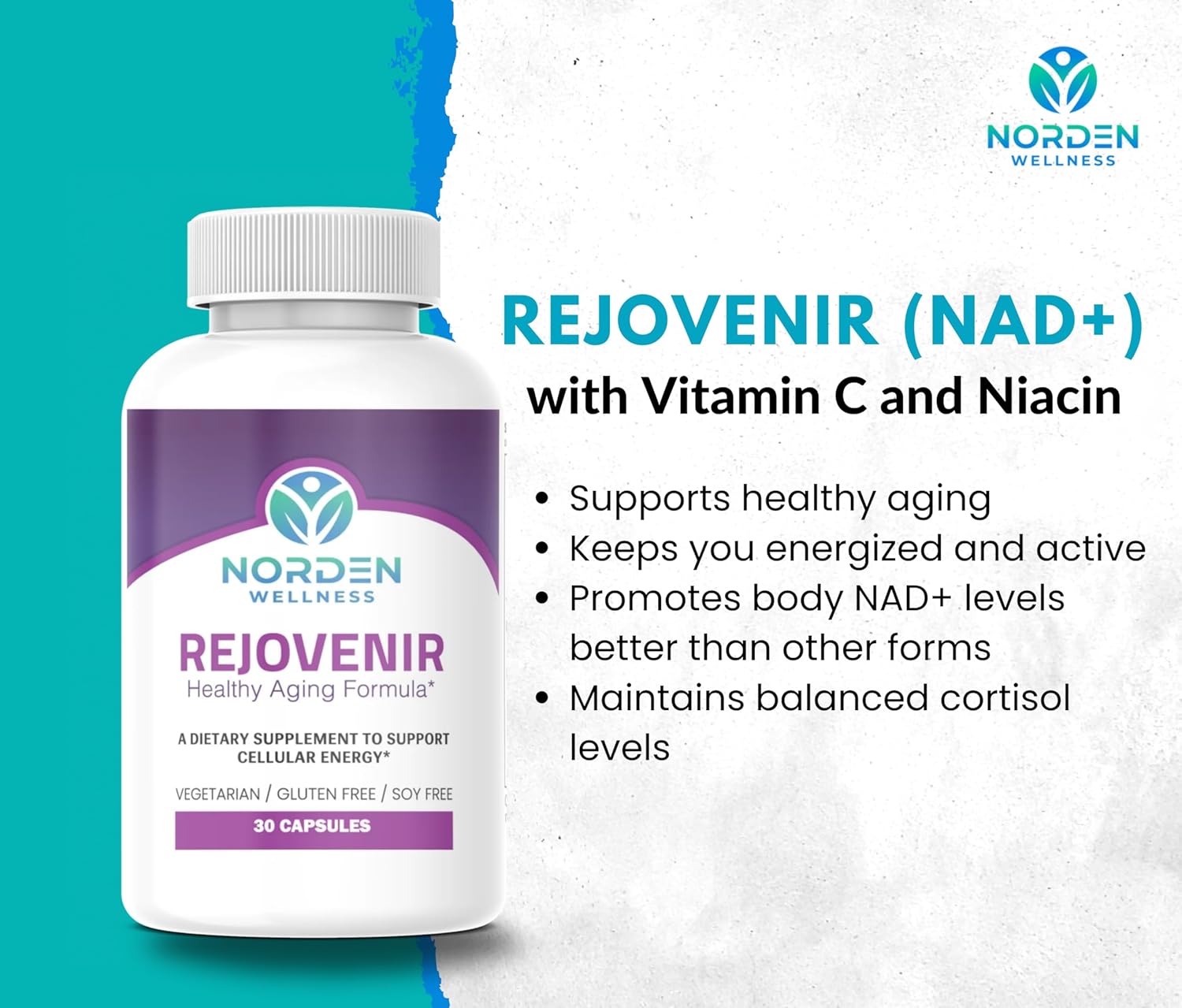 750mg NAD+ Supplement with Vitamin C & Niacin for Healthy Aging & Energy - 30 Vegan Capsules