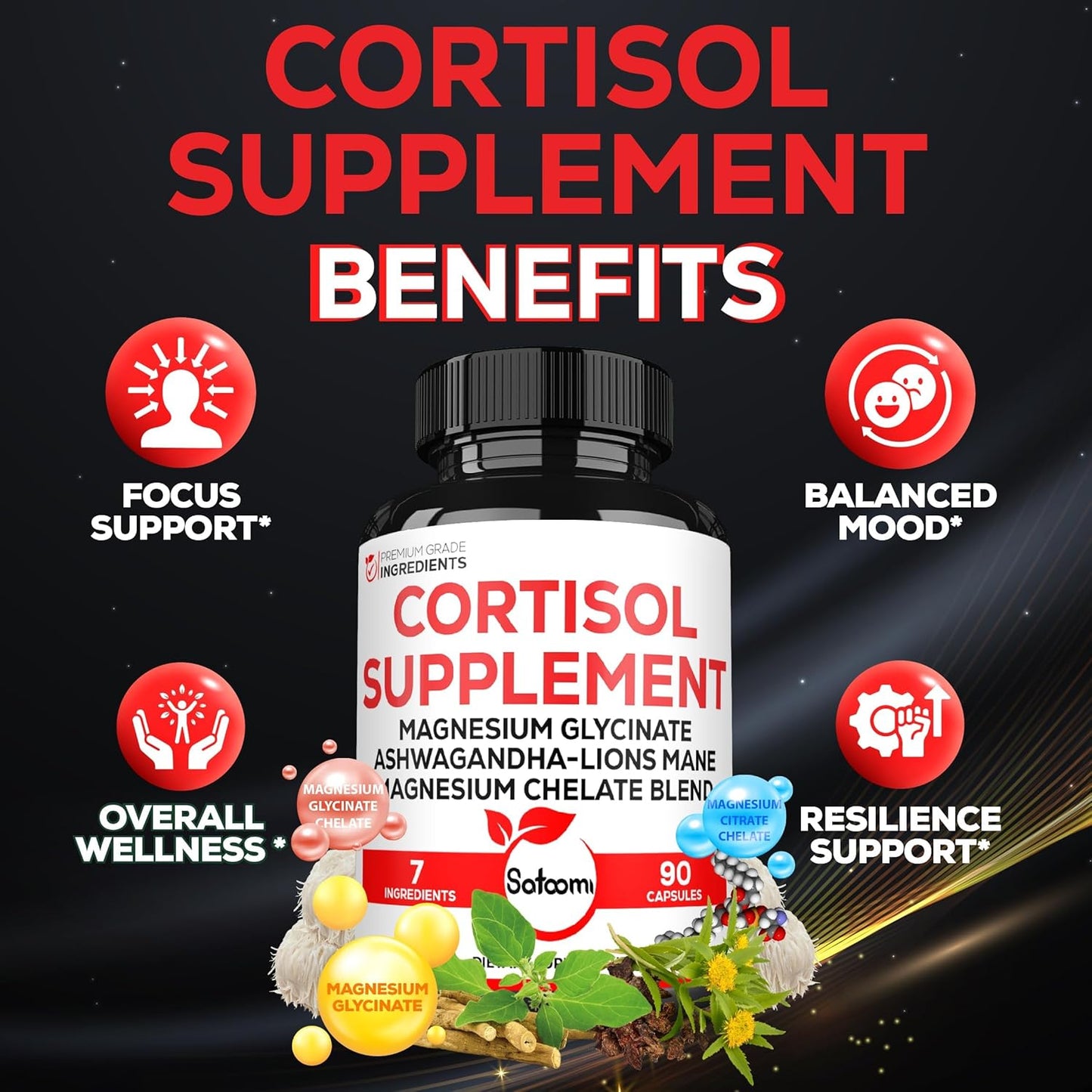 7in1 Cortisol Supplement with Magnesium Glycinate and Ashwagandha - Mood Support, Rest, and Resilience - 90 Capsules for 45 Days