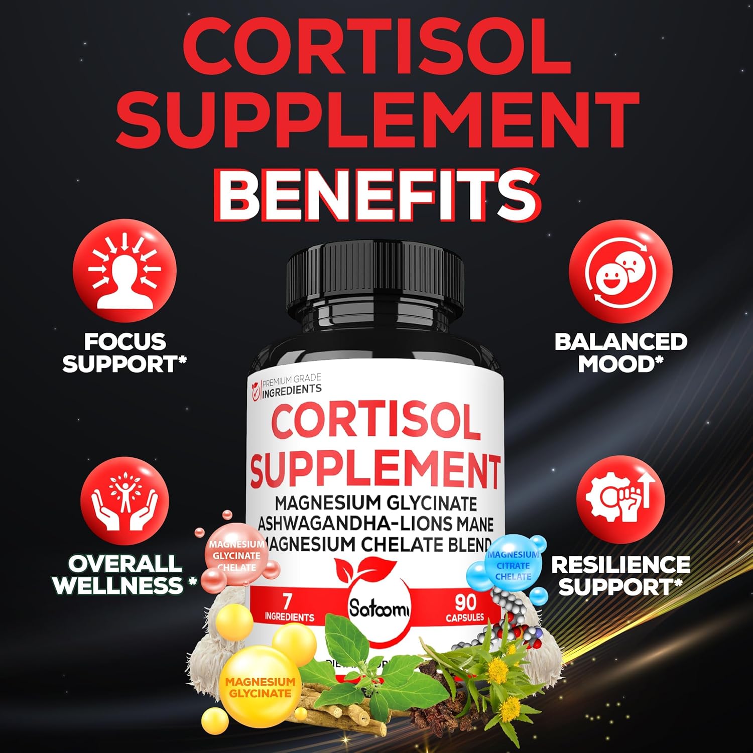 7in1 Cortisol Supplement with Magnesium Glycinate and Ashwagandha - Mood Support, Rest, and Resilience - 90 Capsules for 45 Days