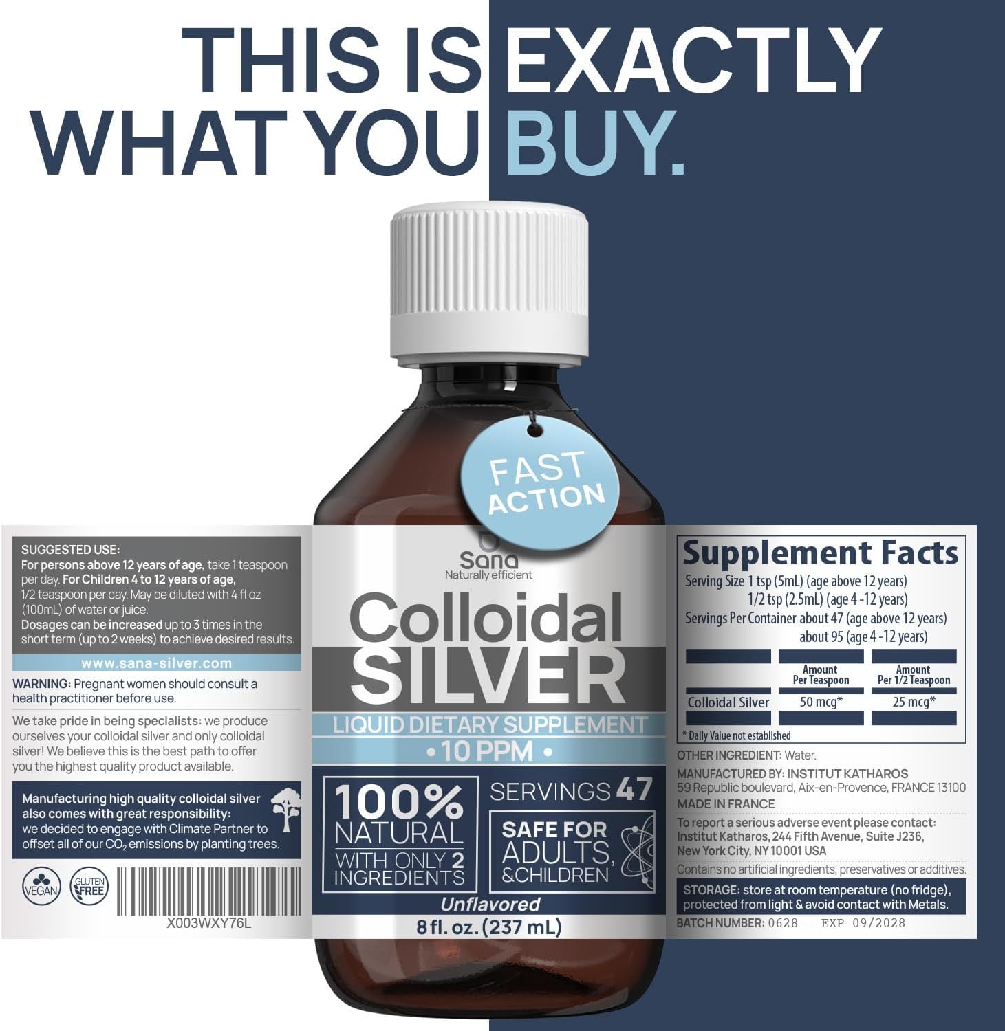 8 fl oz Institut Katharos Colloidal Silver Liquid - 10 PPM Bioactive Hydrosol Silver Water for Immune Support - Nano Sol Supplement with Quality Ionic Minerals & Organic Structured Silver