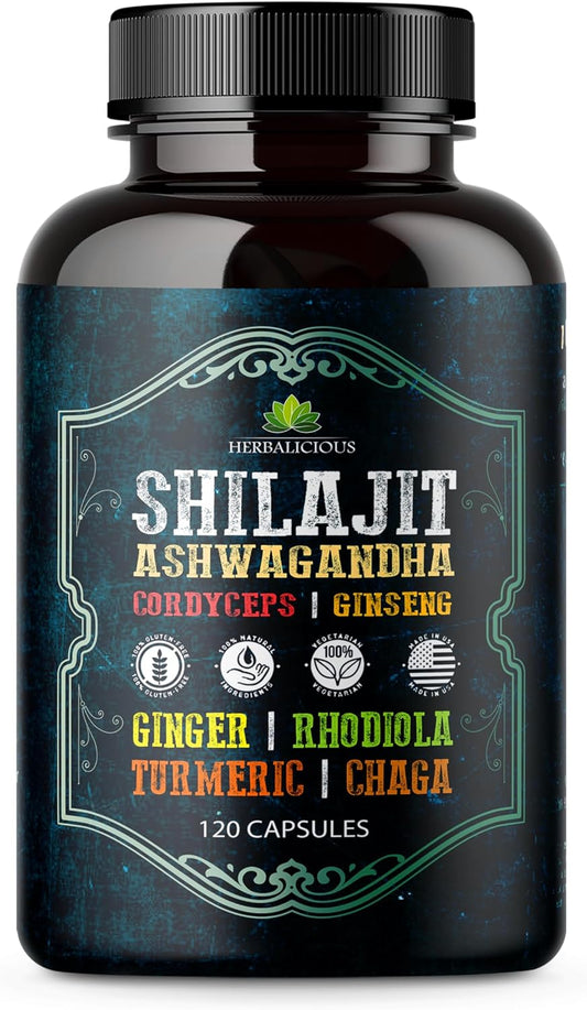 8-in-1 Adaptogenic Herbal Supplement Capsules for Energy, Stress Relief, Focus & Immune Support - Shilajit with Ashwagandha, Cordyceps, Ginseng, Rhodiola, Turmeric, Chaga & Ginger - 120 Count