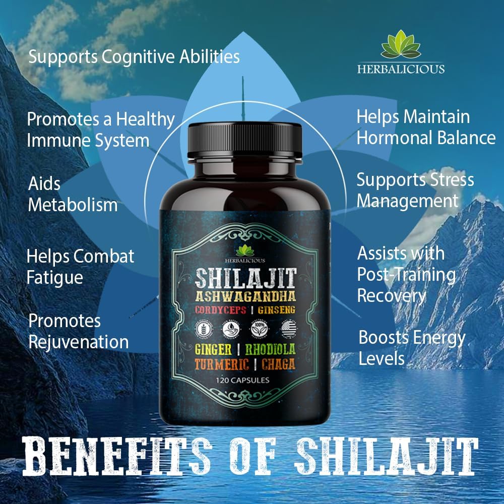8-in-1 Adaptogenic Herbal Supplement Capsules for Energy, Stress Relief, Focus & Immune Support - Shilajit with Ashwagandha, Cordyceps, Ginseng, Rhodiola, Turmeric, Chaga & Ginger - 120 Count