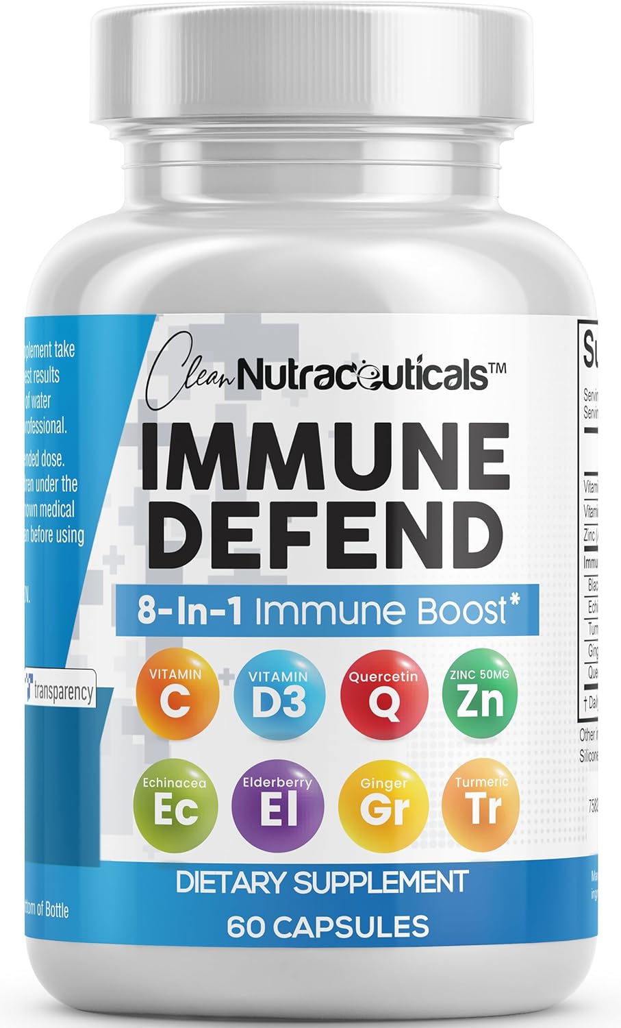 8-in-1 Immune Defense Supplement with Zinc, Quercetin, Vitamin C, D3, Elderberry & Ginger - Boosts Immunity for Adults - 60 Vegan Capsules