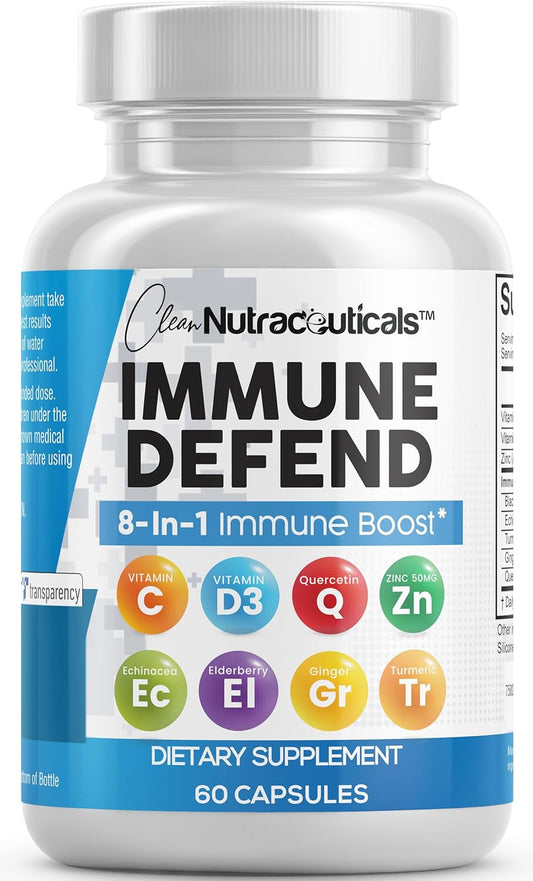 8-in-1 Immune Defense Supplement with Zinc, Quercetin, Vitamin C, D3, Elderberry & Ginger - Boosts Immunity for Adults - 60 Vegan Capsules