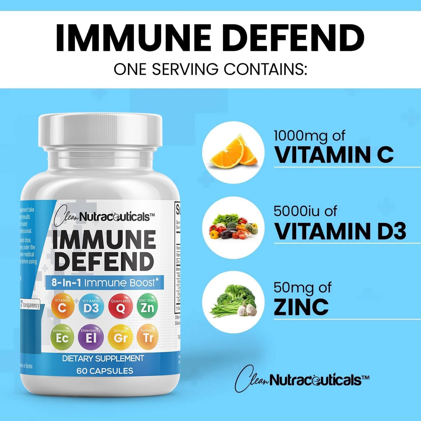 8-in-1 Immune Defense Supplement with Zinc, Quercetin, Vitamin C, D3, Elderberry & Ginger - Boosts Immunity for Adults - 60 Vegan Capsules
