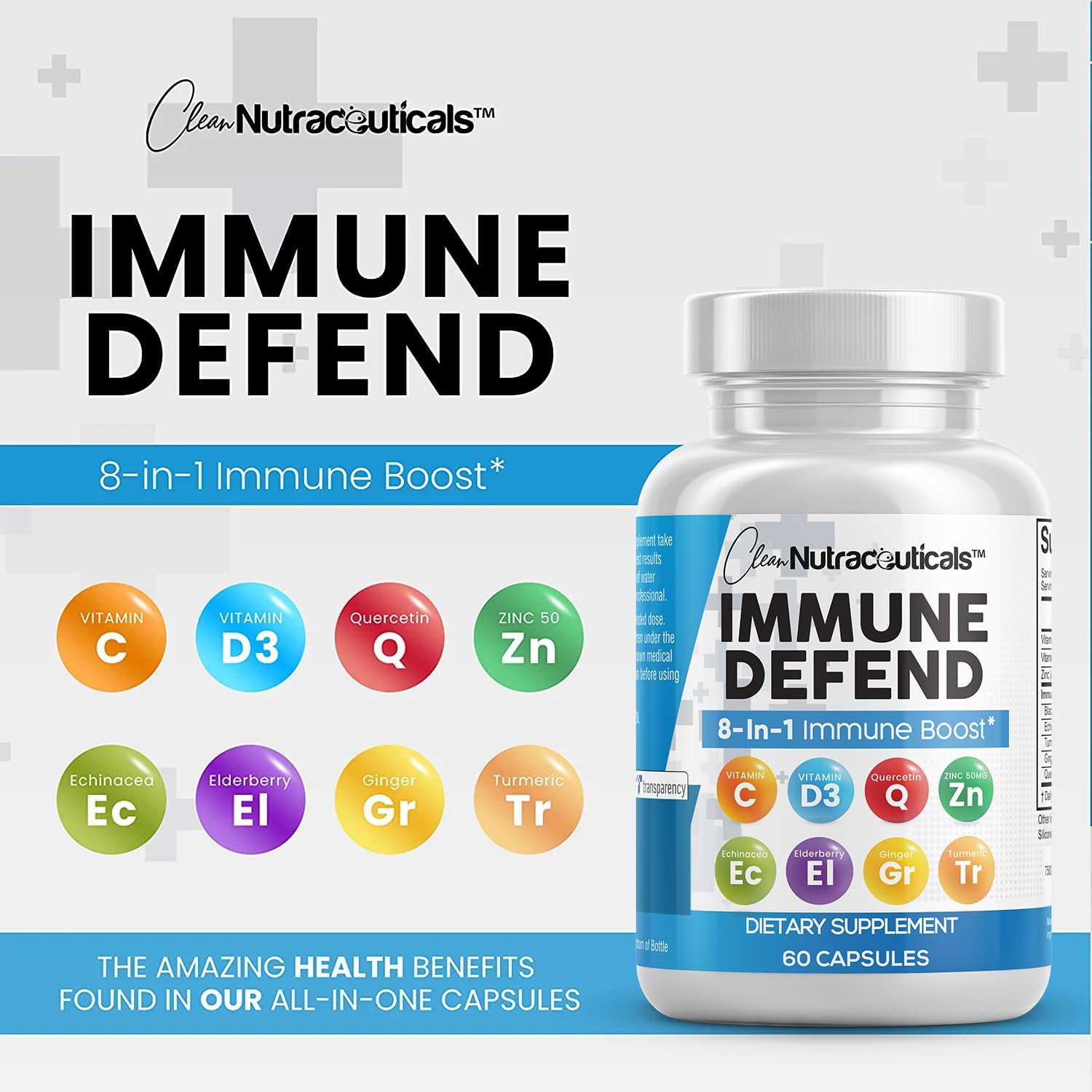 8-in-1 Immune Defense Supplement with Zinc, Quercetin, Vitamin C, D3, Elderberry & Ginger - Boosts Immunity for Adults - 60 Vegan Capsules