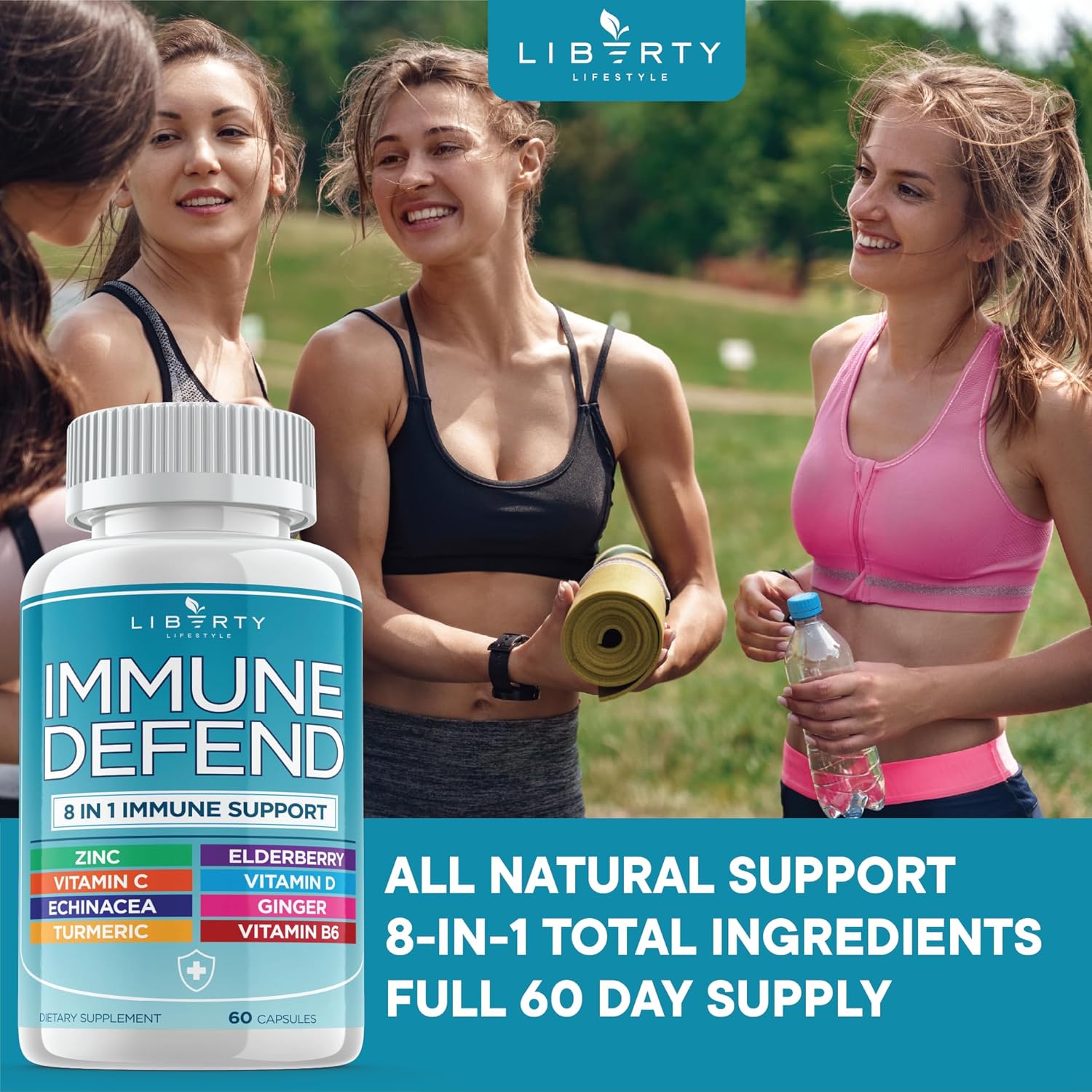 8-in-1 Immune Defense Support Supplement with Zinc, Vitamin C, Elderberry, Vitamin D3, Turmeric, Ginger, and Echinacea - Allergy Relief for Kids and Adults