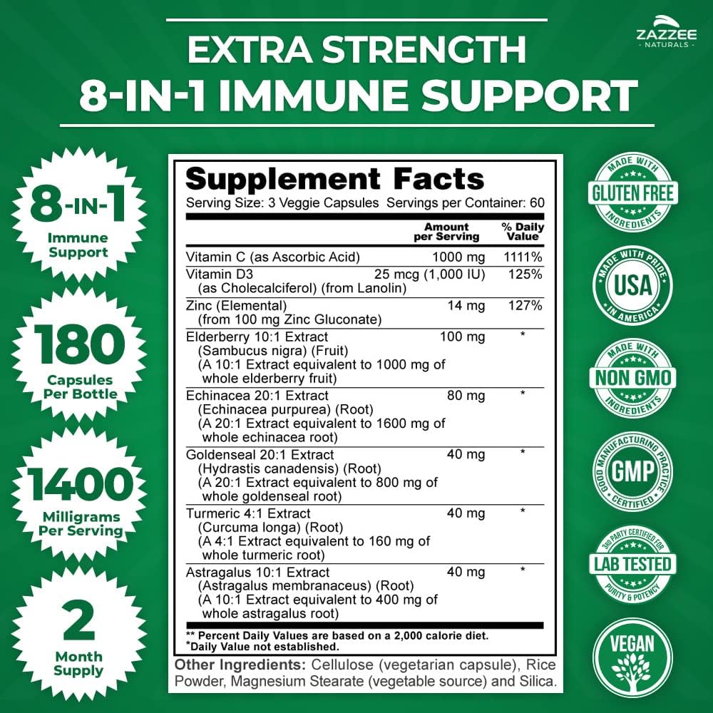 8-in-1 Immune Support Supplement - 180 Capsules, 1400mg/Capsule - Vitamin C, D3, Zinc, Elderberry, Echinacea, Goldenseal, Turmeric, Astragalus - Vegan, Made in USA