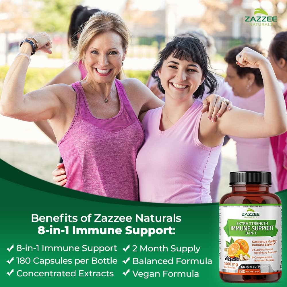 8-in-1 Immune Support Supplement - 180 Capsules, 1400mg/Capsule - Vitamin C, D3, Zinc, Elderberry, Echinacea, Goldenseal, Turmeric, Astragalus - Vegan, Made in USA
