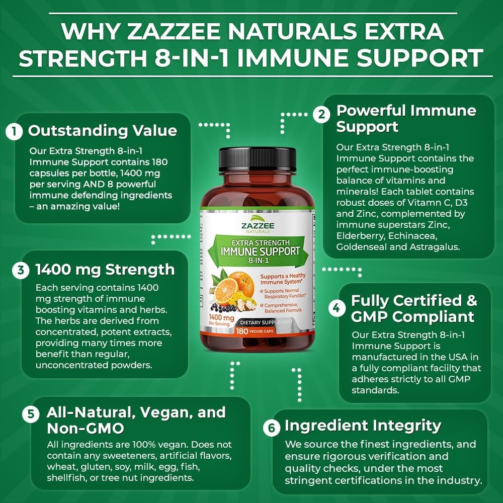 8-in-1 Immune Support Supplement - 180 Capsules, 1400mg/Capsule - Vitamin C, D3, Zinc, Elderberry, Echinacea, Goldenseal, Turmeric, Astragalus - Vegan, Made in USA